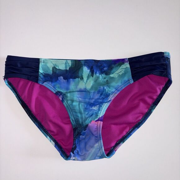 Title Nine Bikini Swim Bottoms Size Medium Blue Green Print Side Ruching - Picture 1 of 7